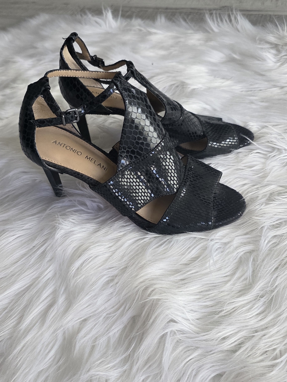 ANTONIO MELANI Black Snake-Embossed Strappy Heels